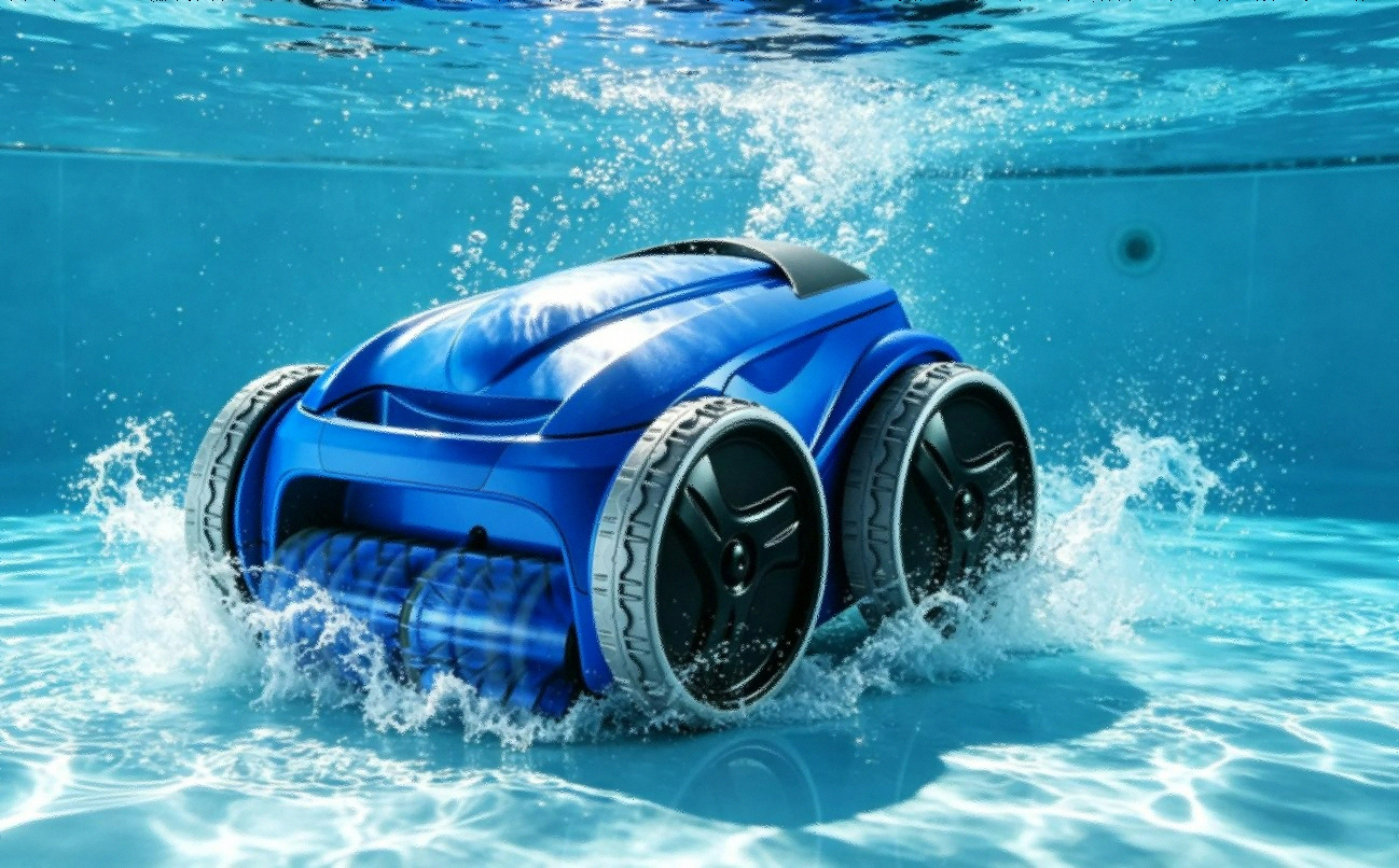 Polaris 9450 Sport Robotic Pool Cleaner in blue against pool background