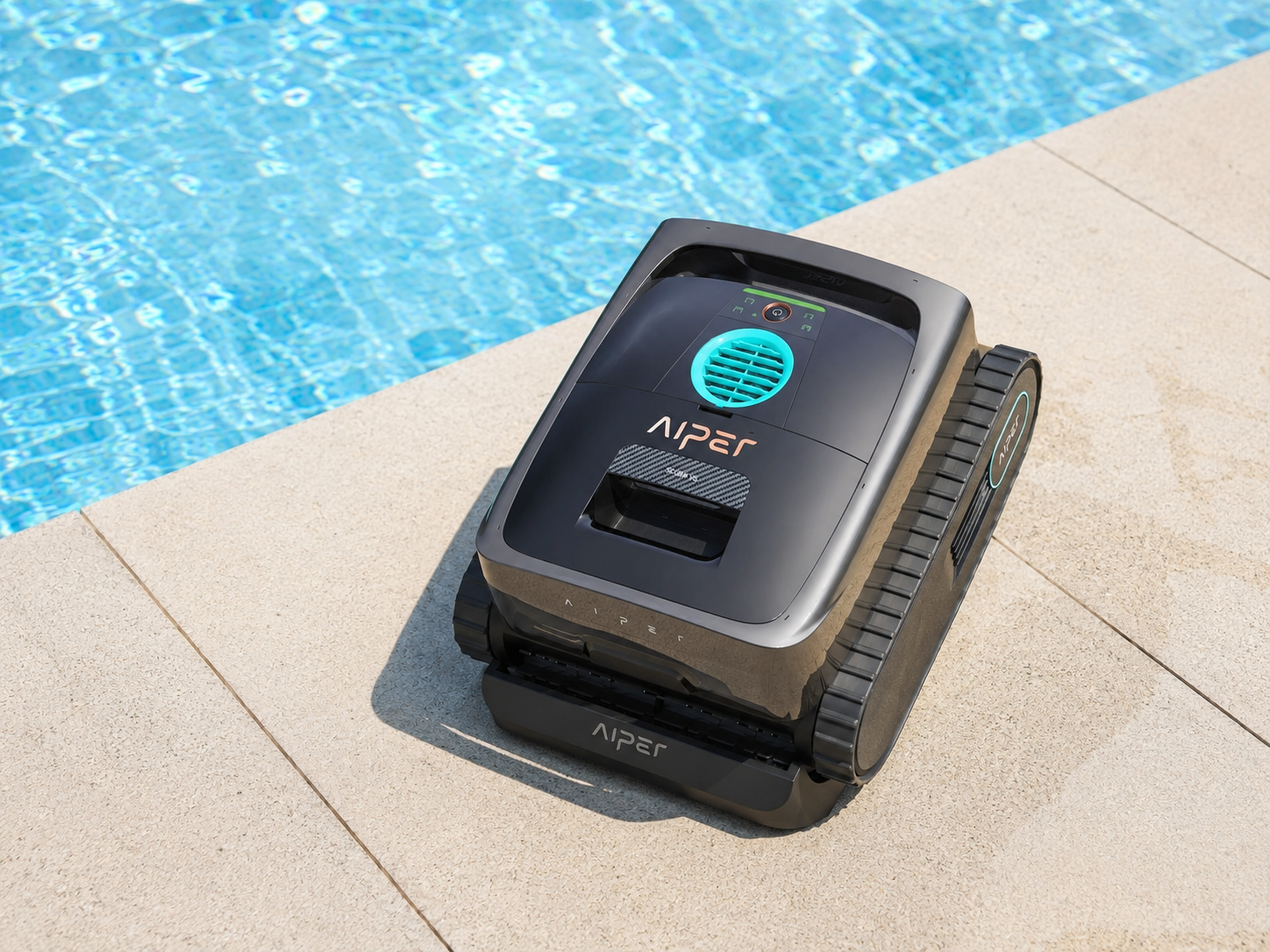 AIPER Scuba V3 cordless robotic pool cleaner on deck with wireless charging dock