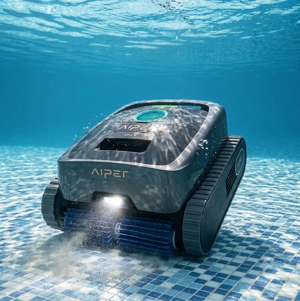 AIPER Scuba V3 performing JetAssist waterline cleaning along pool tile