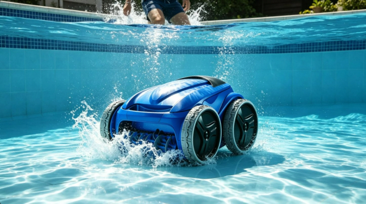 Polaris 9450 Sport Robotic Pool Cleaner in blue against pool background